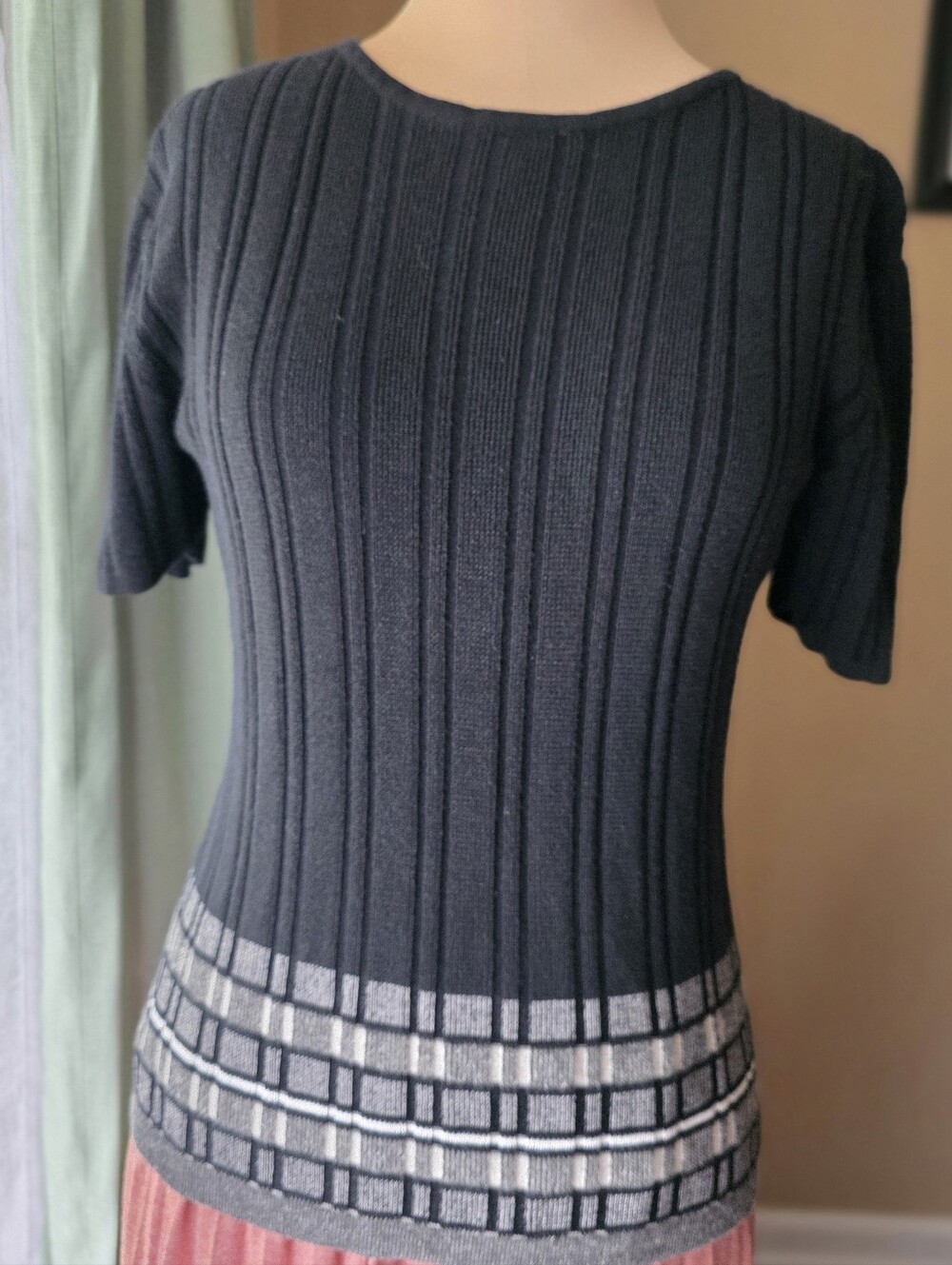 Vintage 90s Ribbed Knit Geometric Border Sweater Top Cotton Rayon Black M